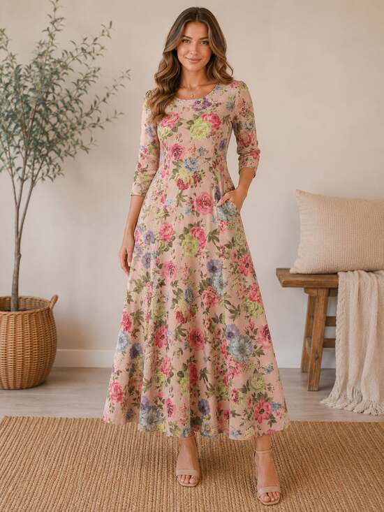 Peach Ice Dresses & Skirts - Peach Ice Floral Midi Dress Size S Pink Cottagecore Boho 3/4 Sleeve Maxi